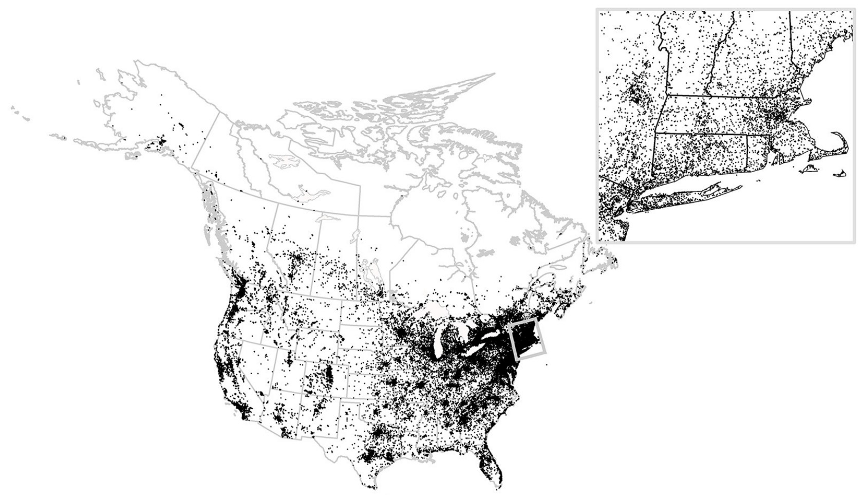 FeederWatch locations from 1989-2020.