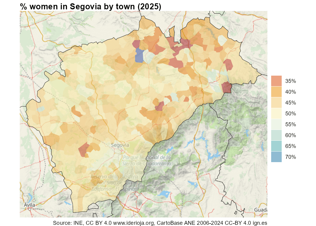 Perc. of women in Segovia by town (2025)